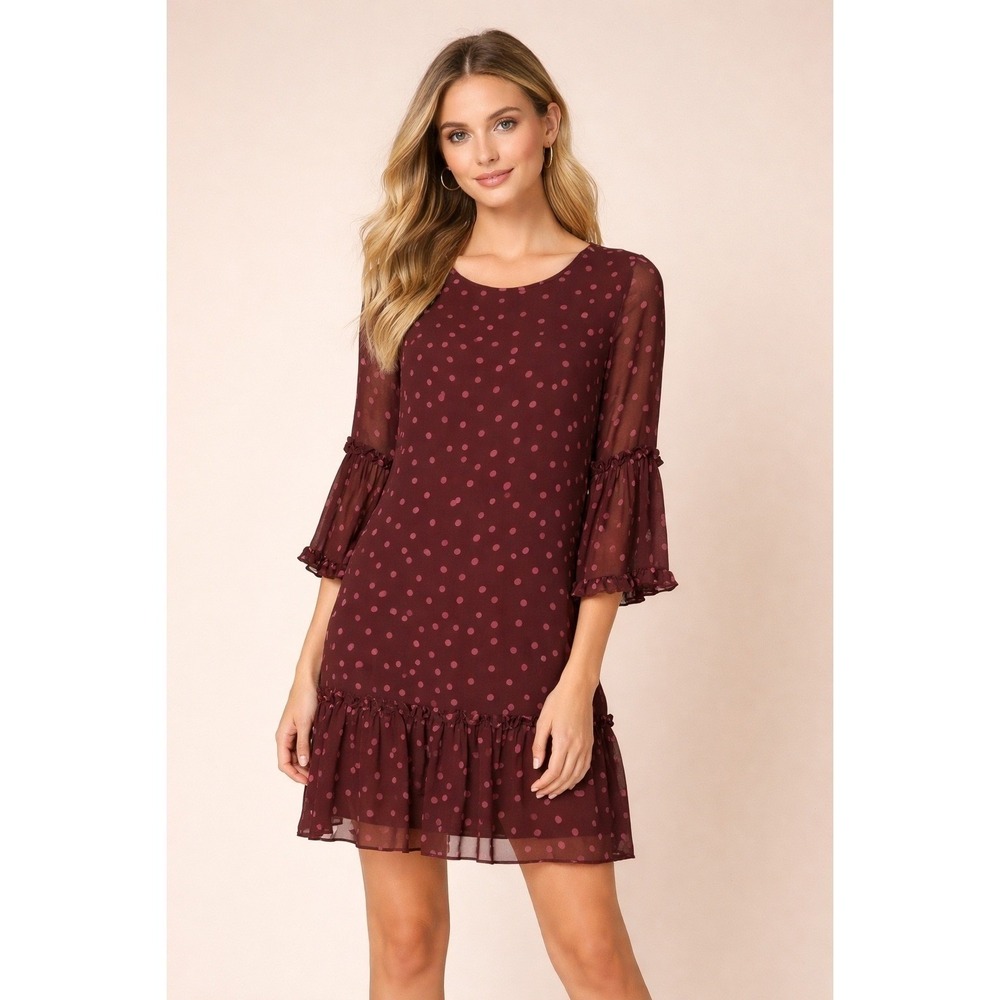 Gabby Skye Mocha Rose Polka Dot Ruffle Bell Sleeve Shift Dress Size 12 NWT